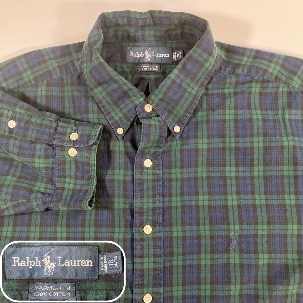 Polo Ralph Lauren Yarmouth Hunter Plaid Dress Shirt Mens 18 34/35